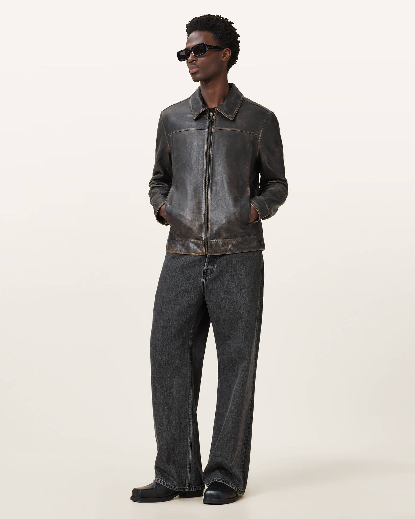 Allsaints Alkan Zip Up Two Tone Leather Jacket
